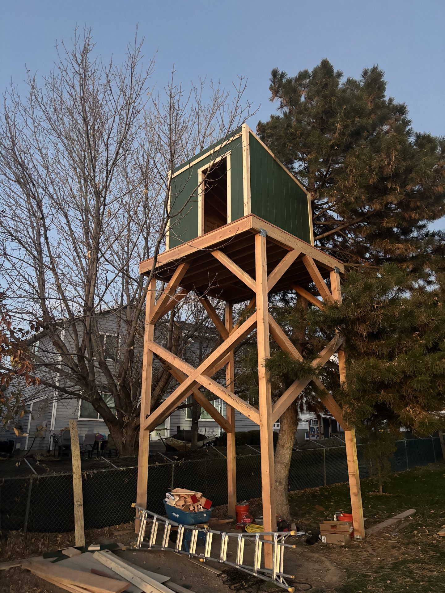 Custom timber-framed elevated tree fort